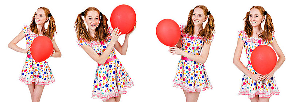 美女,红色,气球,隔绝,白色背景