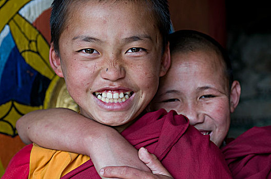 特写,两个,和尚,微笑,地区,不丹