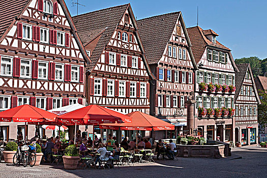 咖啡,餐馆,市场,方形,半木结构房屋,黑森林,巴登符腾堡,德国,欧洲