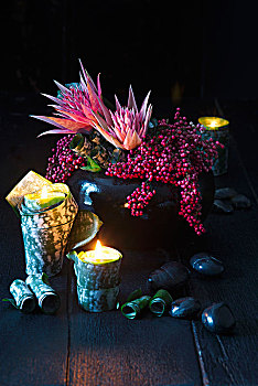 花瓶,山龙眼,茶烛,植物,叶子