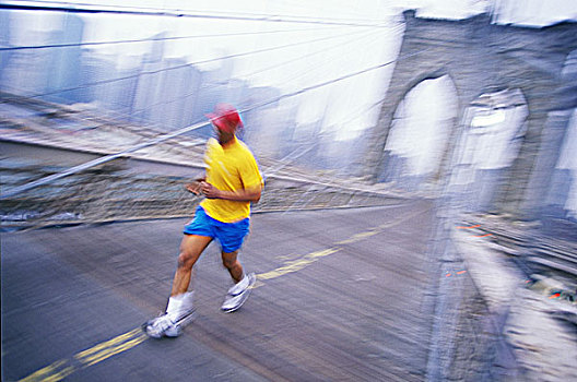美国,纽约,单身,慢跑,上方,布鲁克林大桥