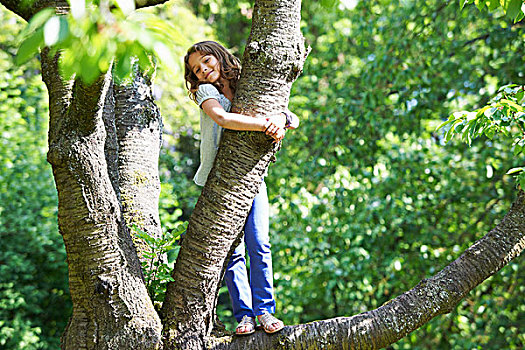 微笑,女孩,攀登,树,户外