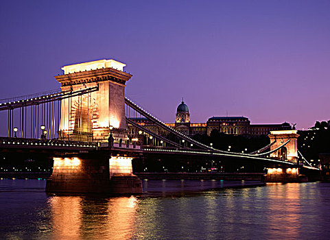 链索桥,夜景,布达佩斯,匈牙利,欧洲