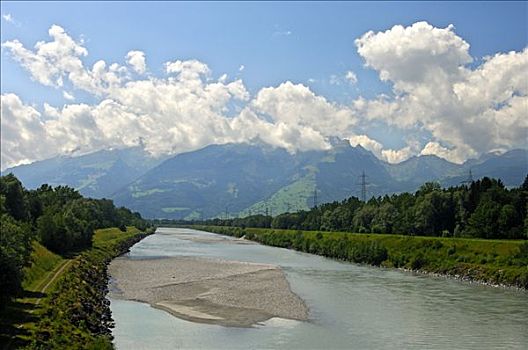 莱茵河,山谷,靠近,边界,瑞士,左边,列支敦士登,右边