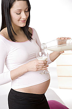 孕妇,倒出,牛奶杯
