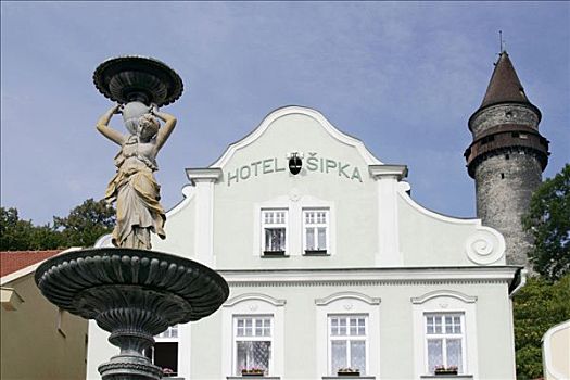 雕塑,正面,酒店,城堡,塔,北方,摩拉维亚,捷克共和国,欧洲