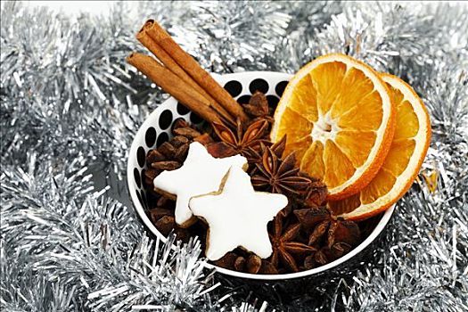 星形,肉桂饼干,干燥,橙色,肉桂棒,大料,星,碗,圣诞装饰