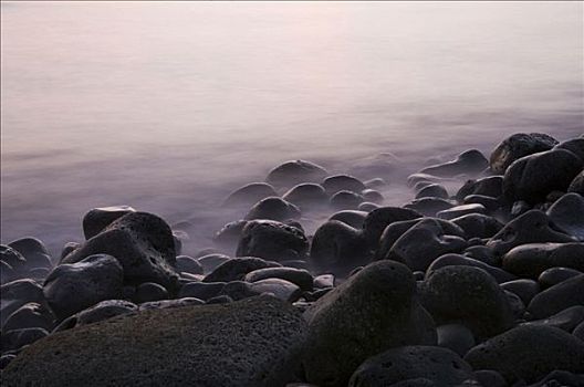 定时暴光,傍晚,海岸,火山岩,石头,海滩,帕尔玛,加纳利群岛,西班牙,欧洲