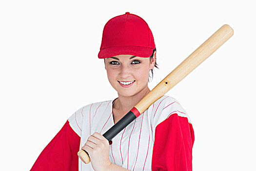 女人,拿着,棒球棒,肩部,白色背景