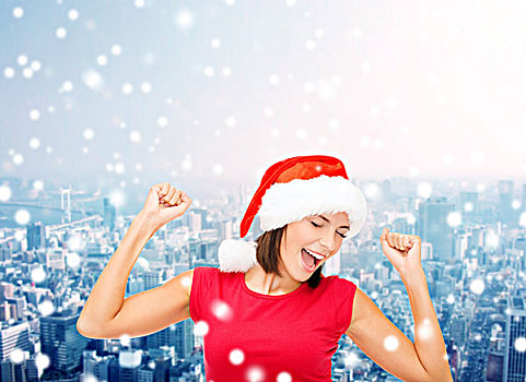 圣诞节,冬天,休假,高兴,人,概念,微笑,女人,圣诞老人,帽子,留白,红色,衬衫,上方,蓝色,城市,背景