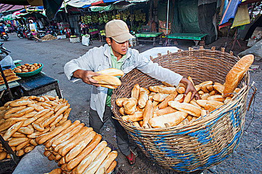 柬埔寨,收获,市场一景,法棍面包