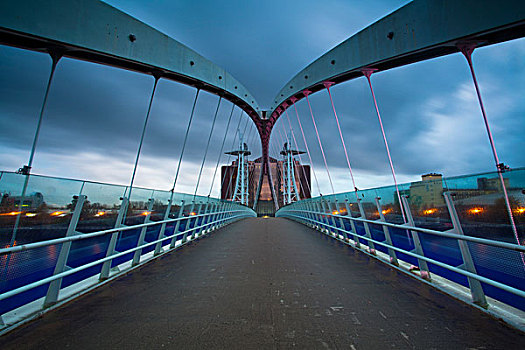 桥,黄昏,码头,曼彻斯特,英格兰