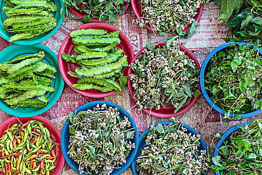食用花卉,果阿,豆,市场摊位,万象,老挝
