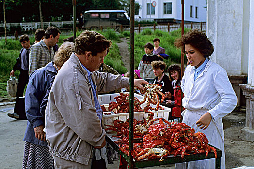 俄罗斯,马加丹州,区域,城市,人,销售,堪察加半岛,蟹肉,街上