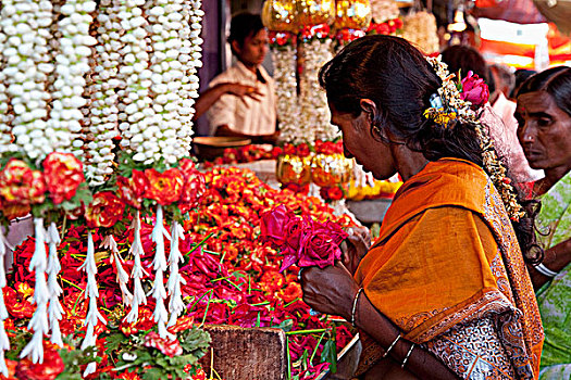 印度,迈索尔,优雅,女士,小心,花,花市,货摊