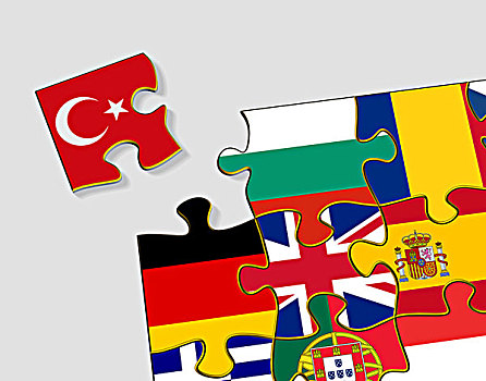 拼图,国家,旗帜,插画,象征,图像,欧盟,候选人,土耳其
