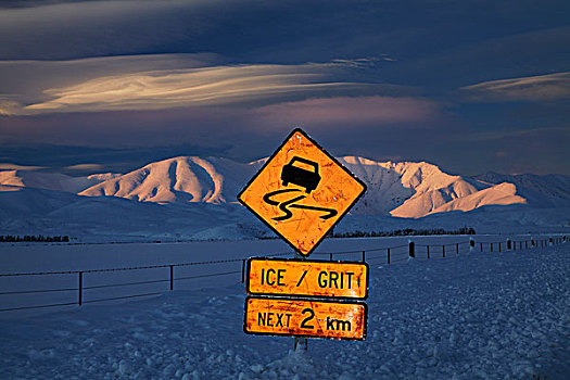冰,道路警告标示,高山辉,中心,奥塔哥,南岛,新西兰