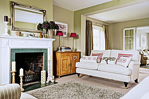 壁炉,白色,围绕,沙发,室内,淡绿,墙壁