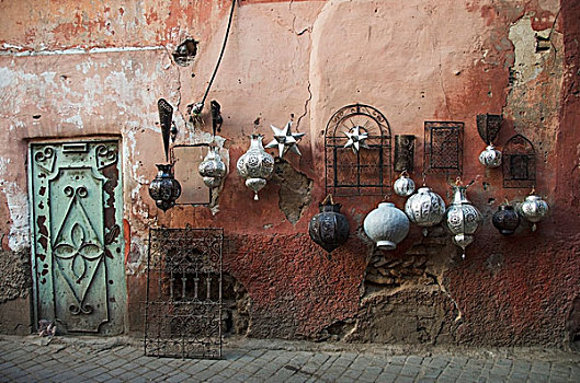 装饰,小玩意,金属,墙壁,艺术,展示,老,麦地那,玛拉喀什,摩洛哥
