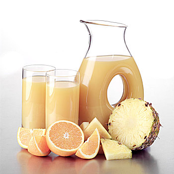 罐,菠萝,橙汁,两个,满,玻璃杯