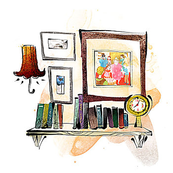 画框,灯,书本,木质,架子