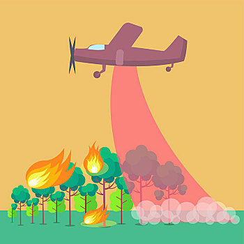 海报,飞机,放,室外,森林火灾,矢量,插画,紫色,尝试,燃烧,树,草,逆光,褐色背景