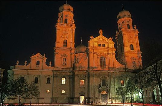 圆顶,夜晚,教堂,帕绍,巴伐利亚,德国,欧洲