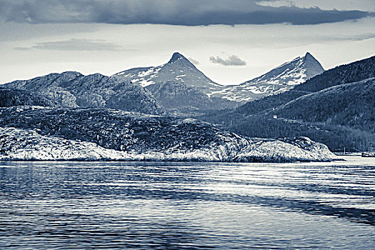 春天,挪威,风景,海岸,山,蓝色调,单色调,照片,旧式,风格