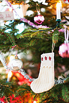 白色,袜子,星,悬挂,装饰,圣诞树