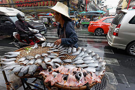 鱼,街道,销售,女销售员,密集,交通,道路,唐人街,曼谷,泰国,亚洲