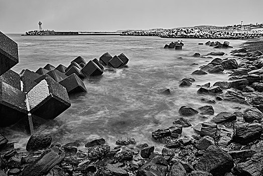 积雪,浪花,岩石,海滩,冬天