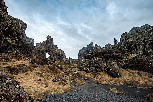 石头,拱形,火山岩,海滩,斯奈山半岛,西部,冰岛,欧洲