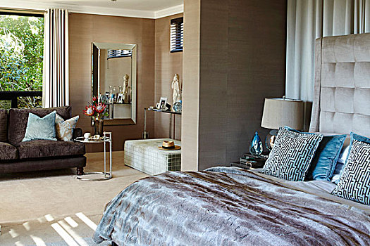 优雅,休闲沙发,区域,米色,纺织品,壁纸,卧室,床头板