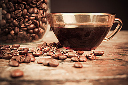 杯子,黑咖啡,靠近,罐,咖啡豆