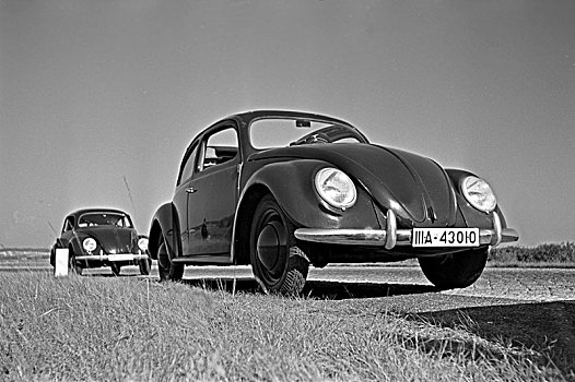 两个,大众甲壳虫,打开,屋顶,靠近,测验,沃尔夫斯堡,德国,20世纪30年代