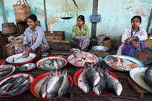 女人,销售,鱼肉,市场,蒲甘,分开,曼德勒,缅甸,亚洲
