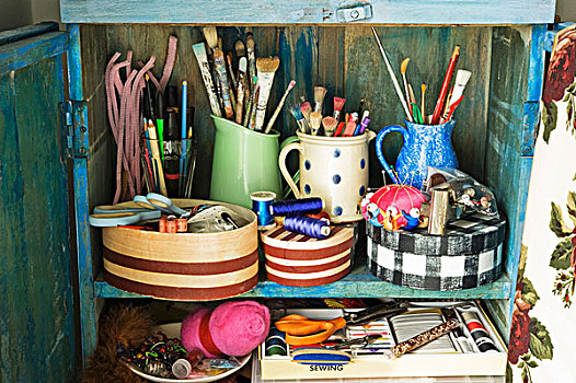 蓝色,木质,柜橱,上油漆,笔,缝纫,材质,图案,盒子,罐