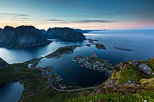 风景,子夜太阳,瑞恩,山,莫斯克内斯,罗弗敦群岛,挪威,欧洲