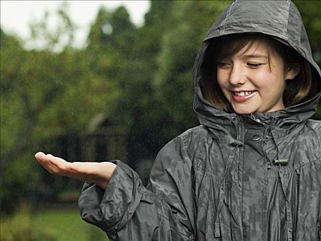 女孩,牵手,室外,抓住,雨