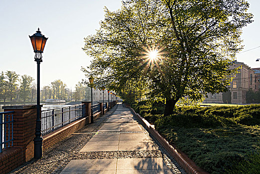 波兰,弗罗茨瓦夫,河边,散步场所,大道,晨光