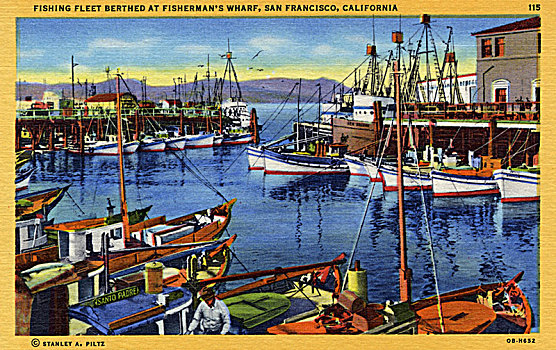 打渔船队,渔人码头,旧金山,加利福尼亚,美国,艺术家,未知