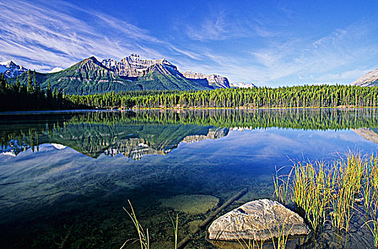 漂亮,夏天,早晨,加拿大,落矶山,赫伯特湖,班芙国家公园,艾伯塔省