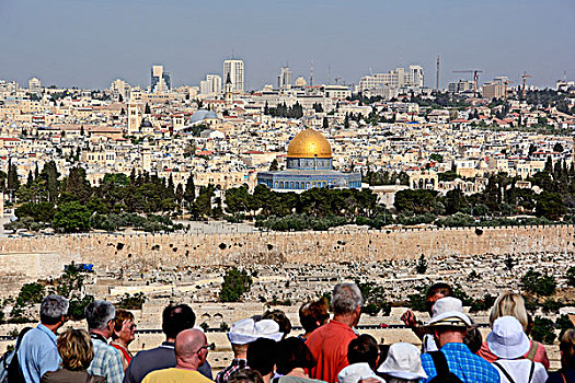 以色列,耶路撒冷,橄榄,城市,老城,圆顶清真寺,城墙,宗教,全景,平台,游客