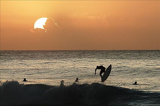 夏威夷,瓦胡岛,北岸,冲浪,日落