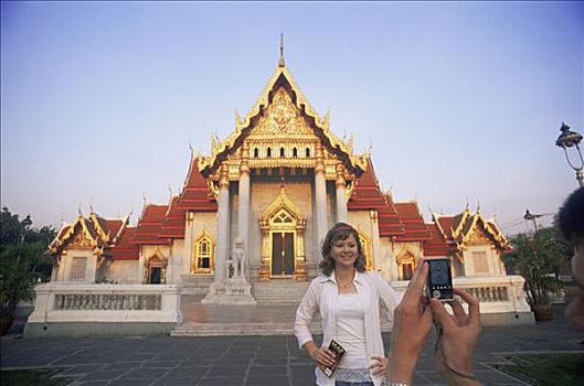 泰国,曼谷,云石寺,旅游,伴侣,照相,大理石庙宇