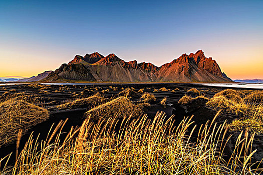 东方,冰岛,山,黑沙,沙丘,日落