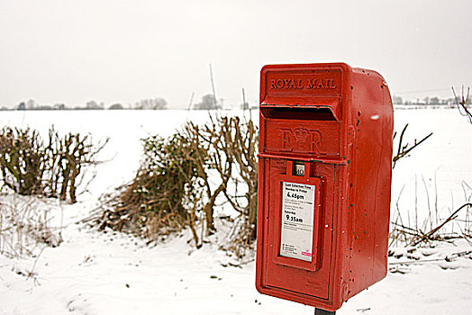 红色,邮筒,英国,乡村,冬天
