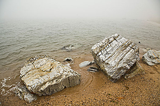 北戴河,沙滩,雾,天气,安静,石头,观赏石,海浪