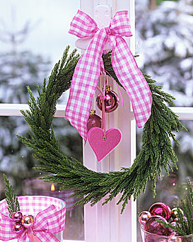 花环,柳杉,圣诞节饰物,蝴蝶结,窗边