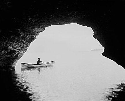 男人,划桨船,休伦湖,洞穴,密歇根,美国,底特律,船,历史